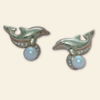 Gold, Diamond and Pearl Dolphin Earrings